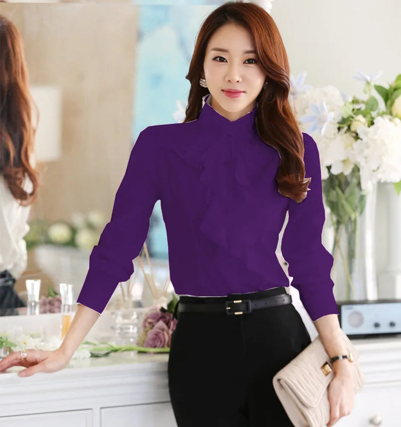 Fashion Ruffles Design Blouse Shirt Female Long Sleeve Stand Collar White Black Office Lady Work Formal Women Tops Autumn 2021