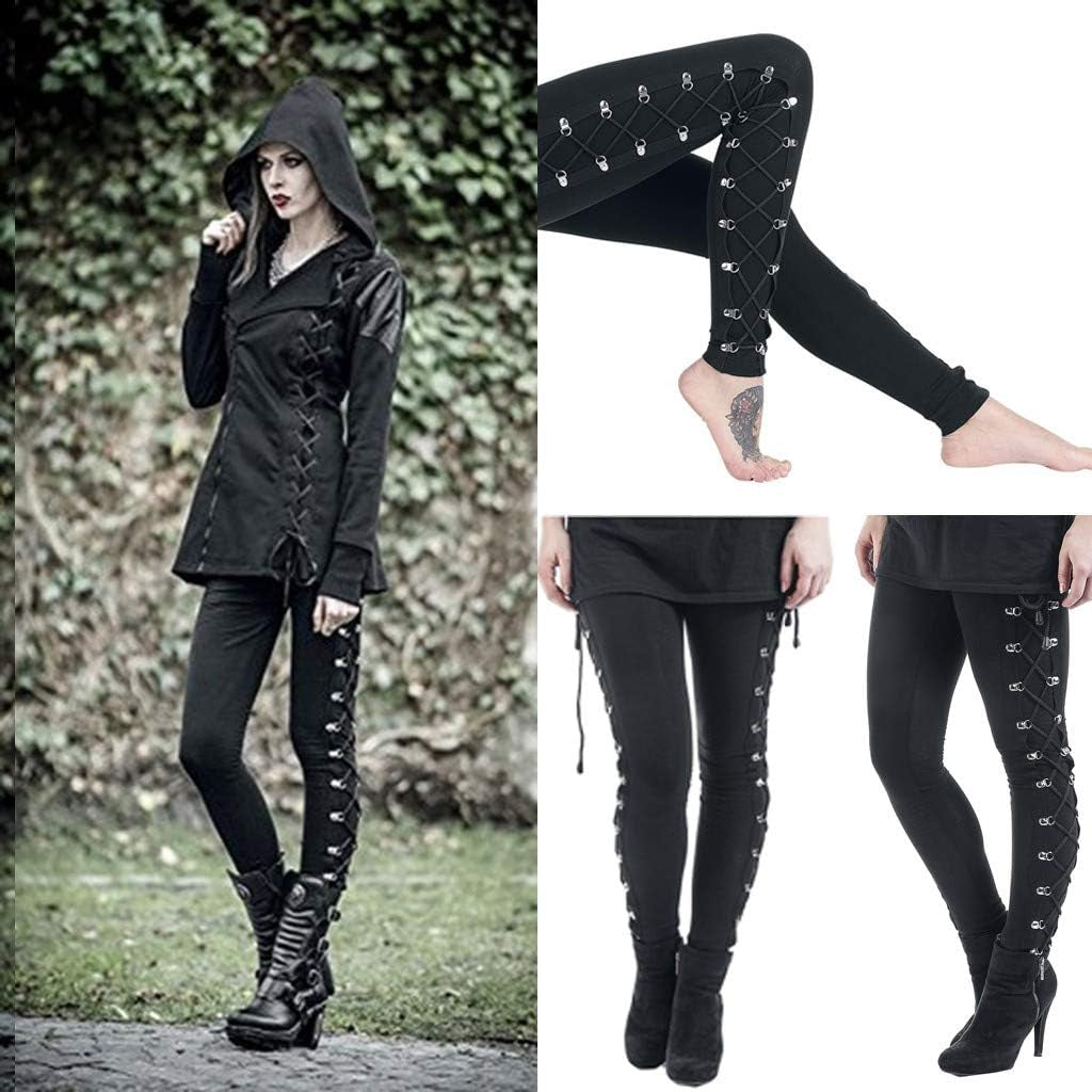 Sexy Punk Leggings for Women Lace up Pants Side Bandage Pant Teen Girls Tight Pants Club Streetwear Thick Bodycon Black