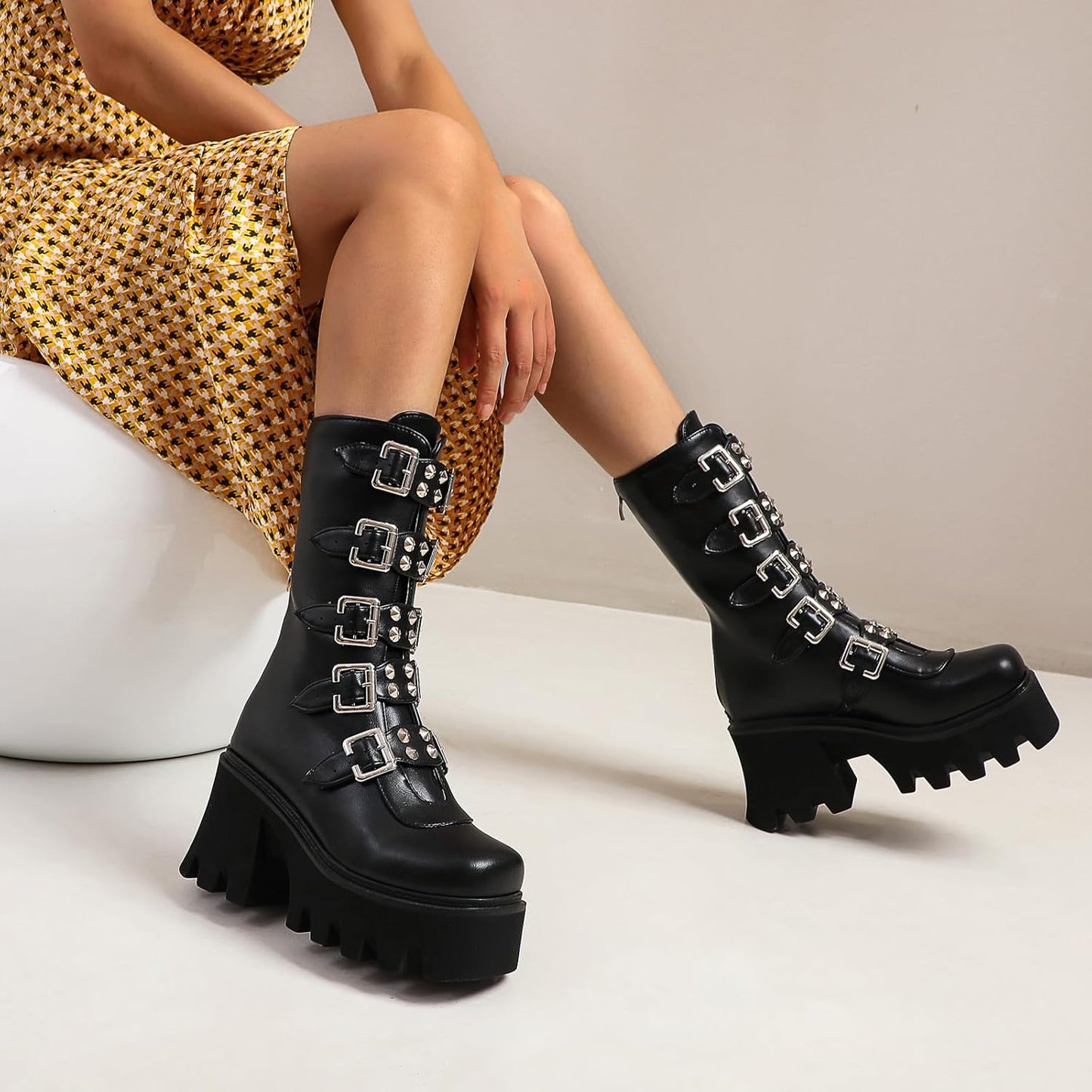 Black Platform Goth Boots for Women Studded Wide Mid Calf Combat Punk Boots round Toe Buckle Chunky Heel Back Zipper Thick Sole Ankle Booties