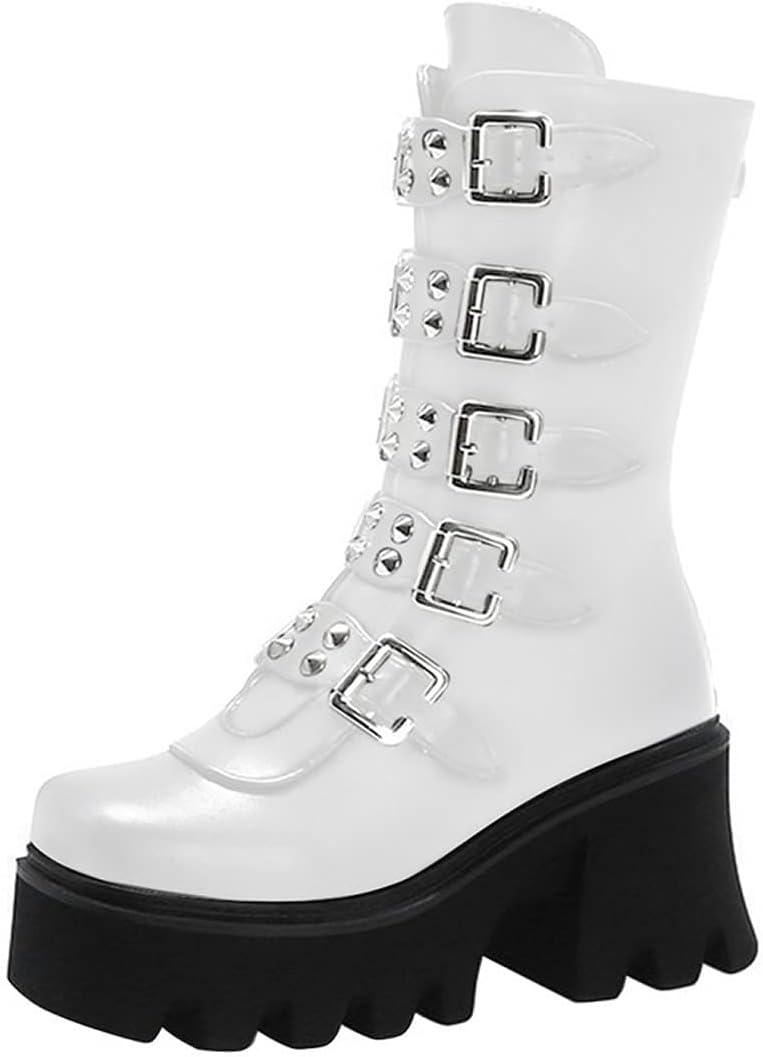 Black Platform Goth Boots for Women Studded Wide Mid Calf Combat Punk Boots round Toe Buckle Chunky Heel Back Zipper Thick Sole Ankle Booties