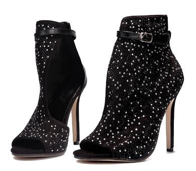Classy Adore Rhinestone Fishbill Stiletto Heels - Black Suede