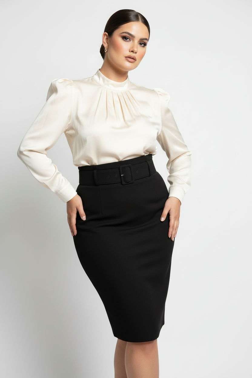 Black belted pencil skirt with light colored top