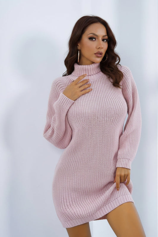 Button Detail Turtleneck Sweater Dress - Clinched Waist Knit Dress
