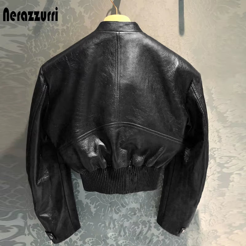 Spring Short Patchwork Faux Leather Jackets for Women Long Sleeve Zipper Crop Top Runway Designer Clothes Fashion