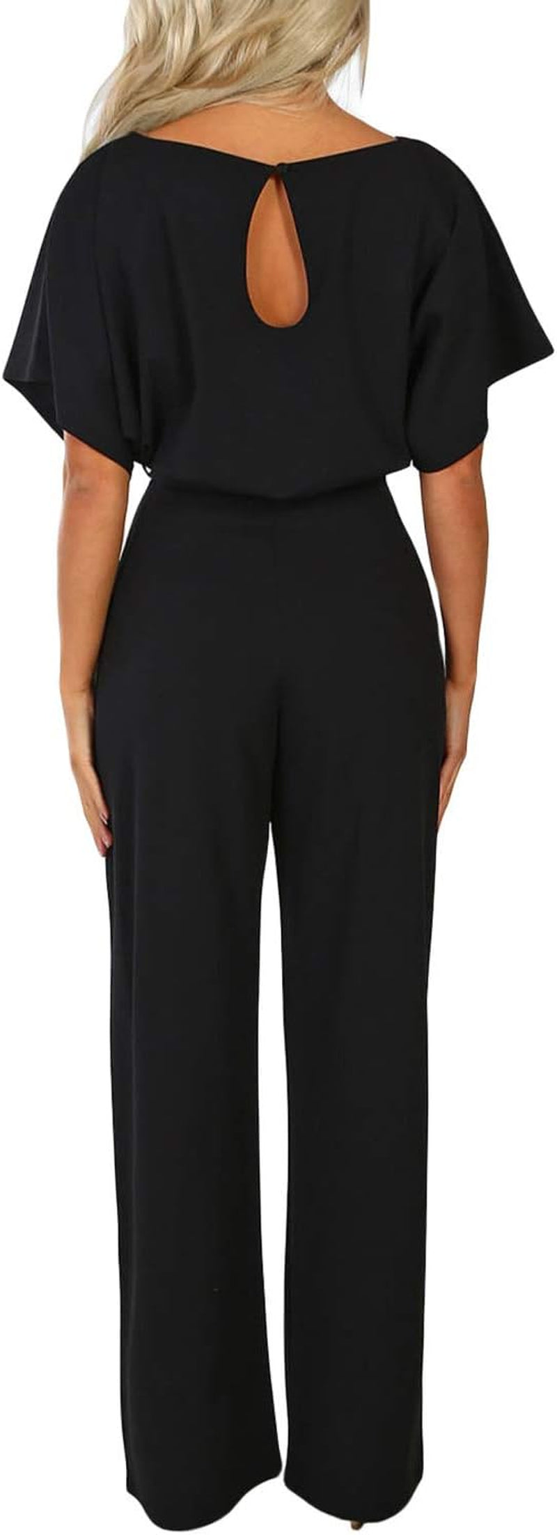 Womens Loose Short Sleeve Belted Wide Leg Pant Romper Jumpsuit Business Casual One Piece Outfits