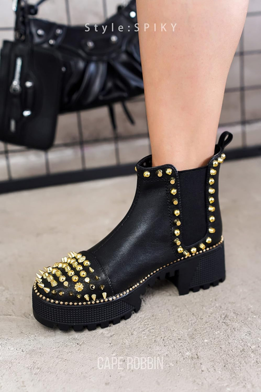 Women'S Platform Combat Boots Pull-On Ankle Booties Studded Goth Punk with Spiky Design & Chunky Heel - Size