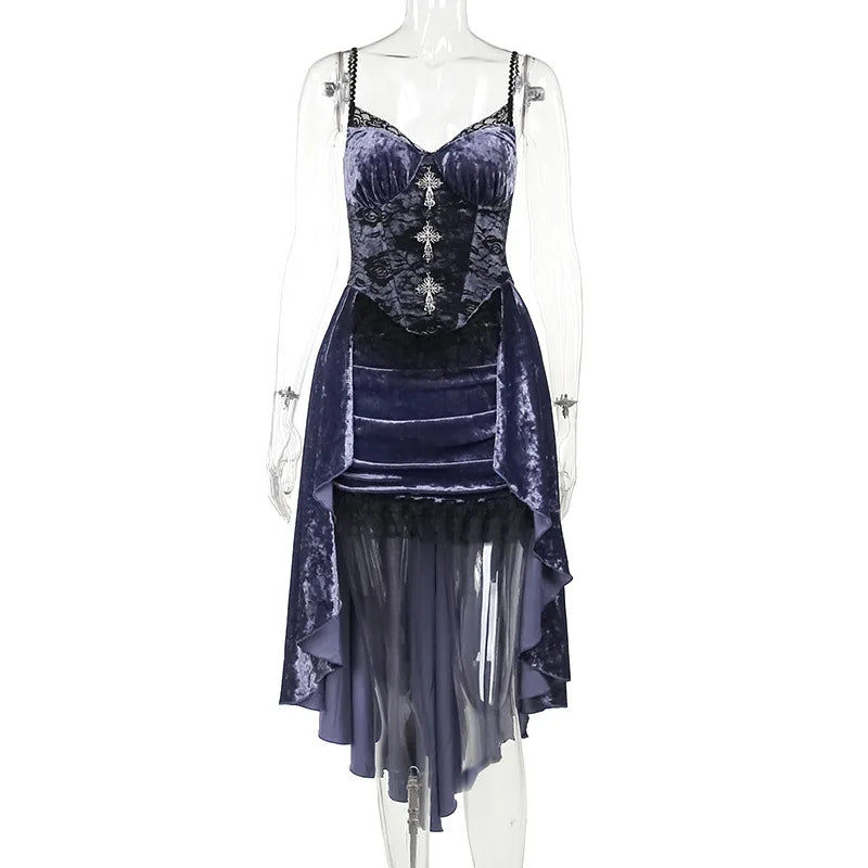 Gorgeous Victoria Gothic Velvet A-Line Dresses Female Elegant Evening Lolita Partywear Grunge Sling Lace Hem Alt Cloth