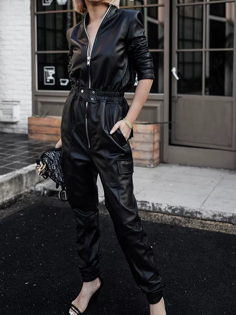 Autumn Black Soft Faux Leather Cargo Jumpsuit Women Long Sleeve Zipper Luxury Designer Clothes 5Xl 6Xl 7Xl