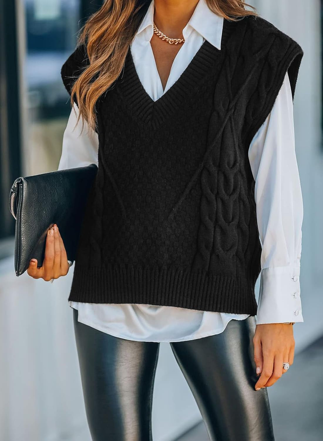 Sleeveless Sweater Vests for Women Casual V Neck Preppy Style Houndstooth Vest Knitted Tank Tops