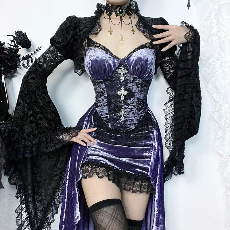 Gorgeous Victoria Gothic Velvet A-Line Dresses Female Elegant Evening Lolita Partywear Grunge Sling Lace Hem Alt Cloth