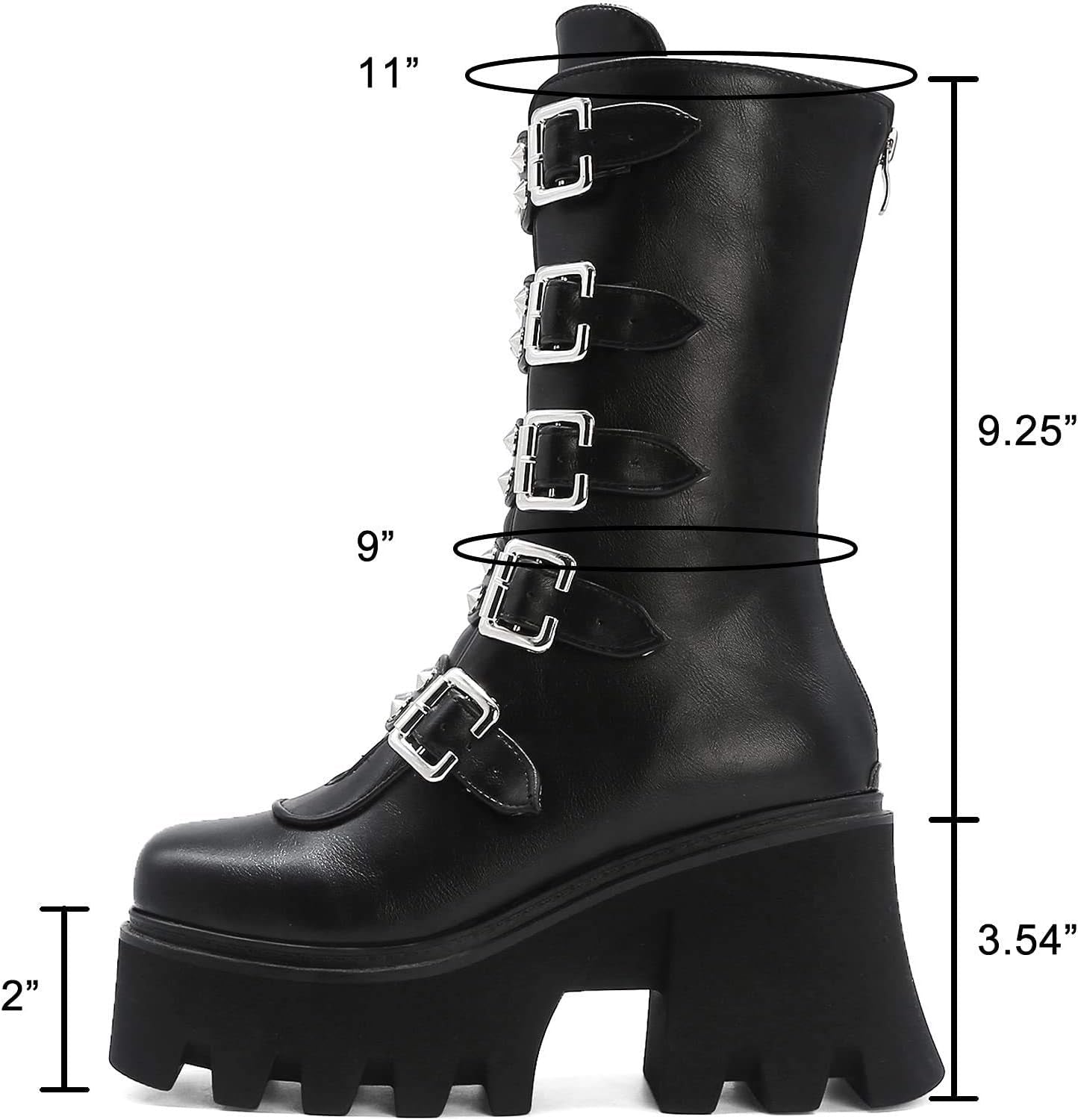 Black Platform Goth Boots for Women Studded Wide Mid Calf Combat Punk Boots round Toe Buckle Chunky Heel Back Zipper Thick Sole Ankle Booties