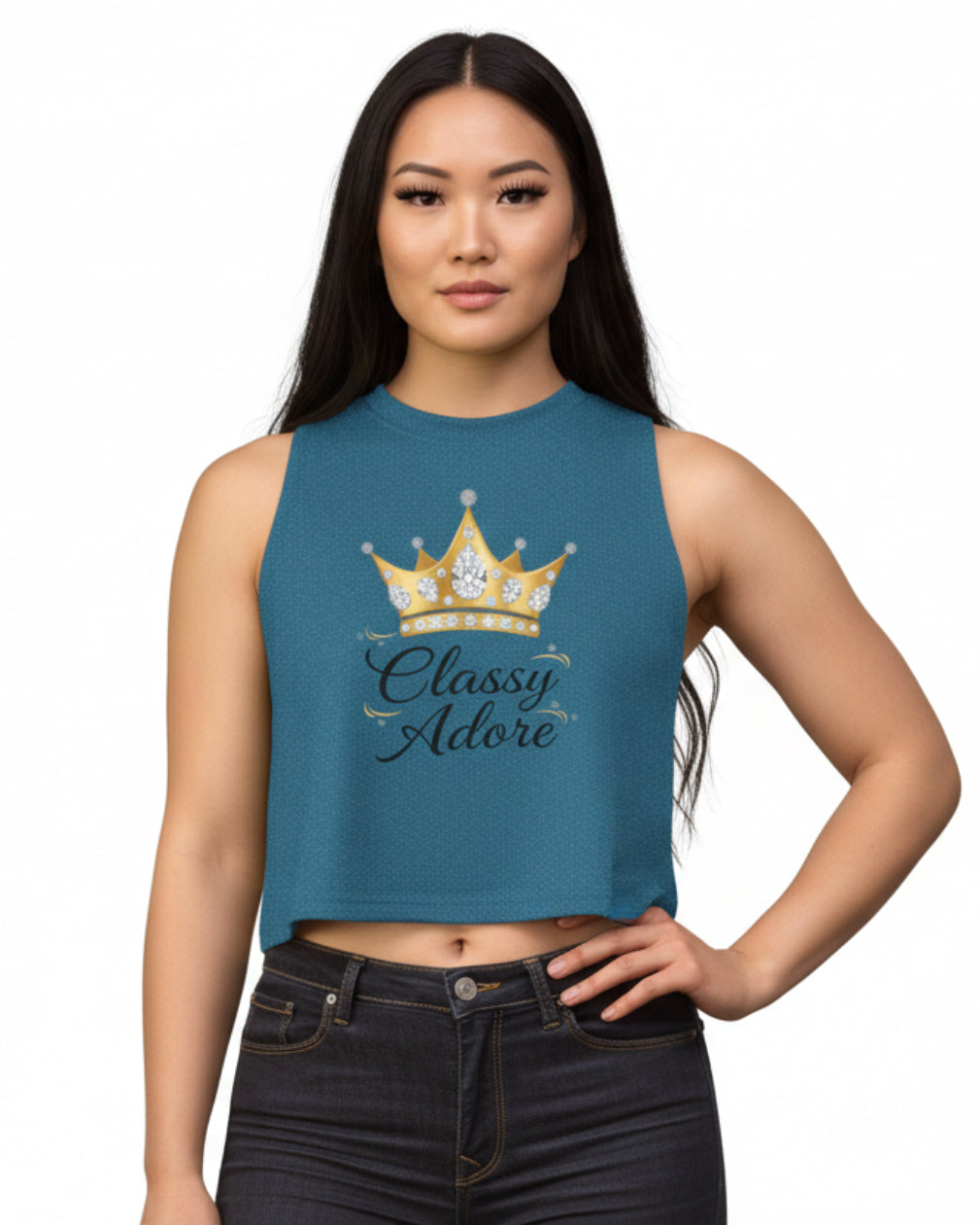 Classy Adore Cut Off Sleeve Crown Graphic Crop Top