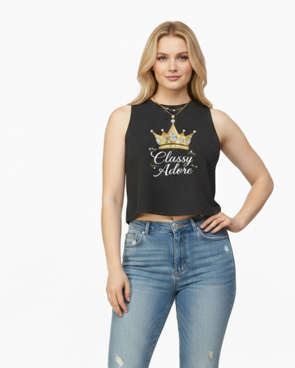 Classy Adore Cut Off Sleeve Crown Graphic Crop Top