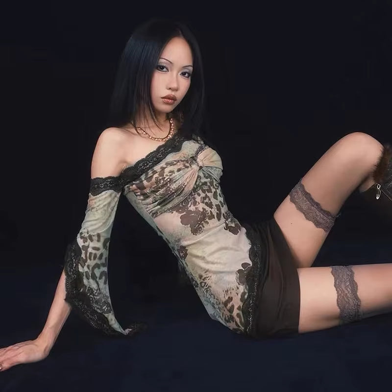 Goth Sexy Lace Mesh See through T-Shirts Aesthetic Graphic Long Sleeve Colorful Printed Crop Tops Women Summer Tees Streetwear