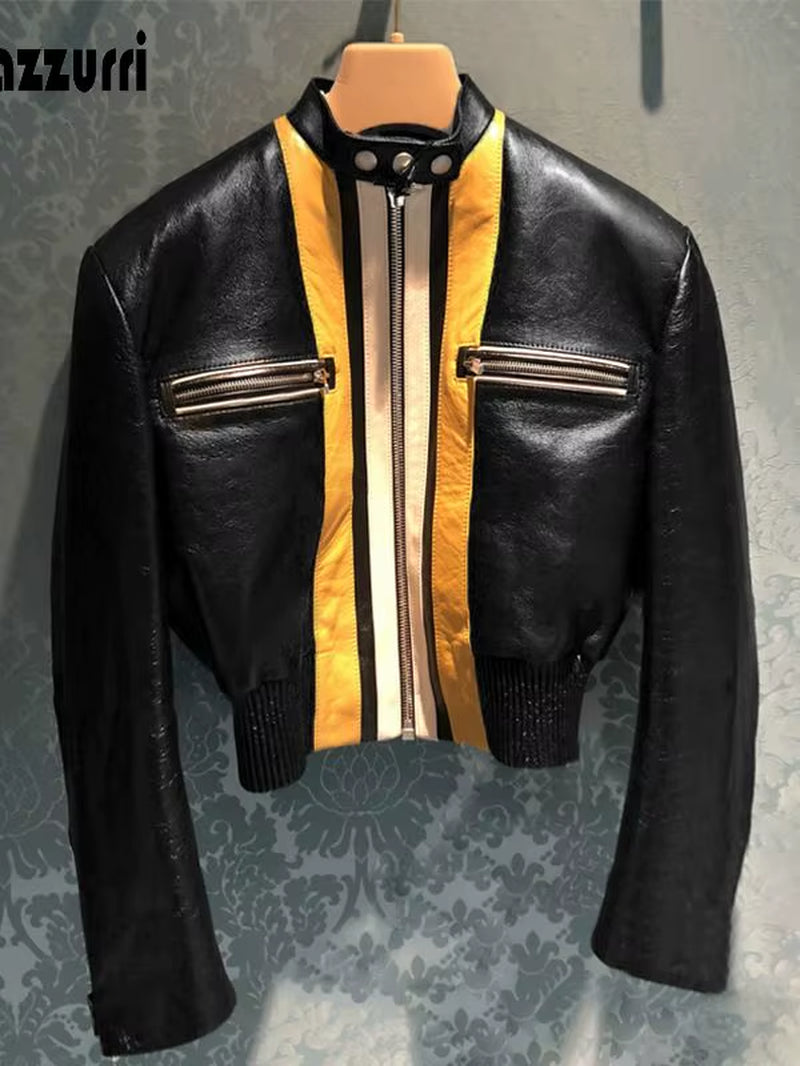 Spring Short Patchwork Faux Leather Jackets for Women Long Sleeve Zipper Crop Top Runway Designer Clothes Fashion