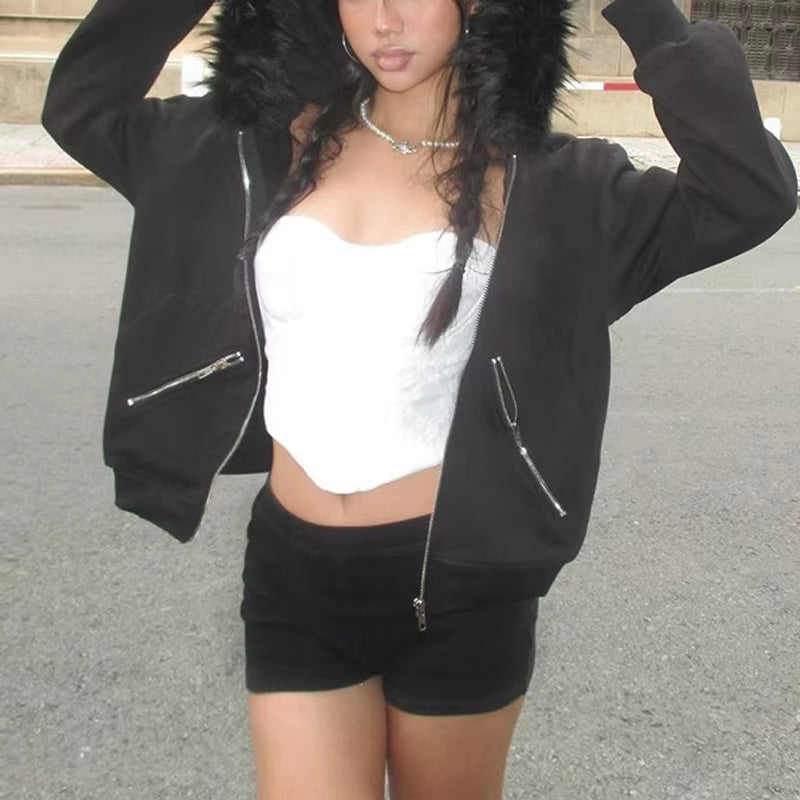 Faux Fur Collar Hooded Zip up Hoodies Gothic Grunge Pockets Autumn Black Jackets Female Y2K Streetwear Egirl Cardigans