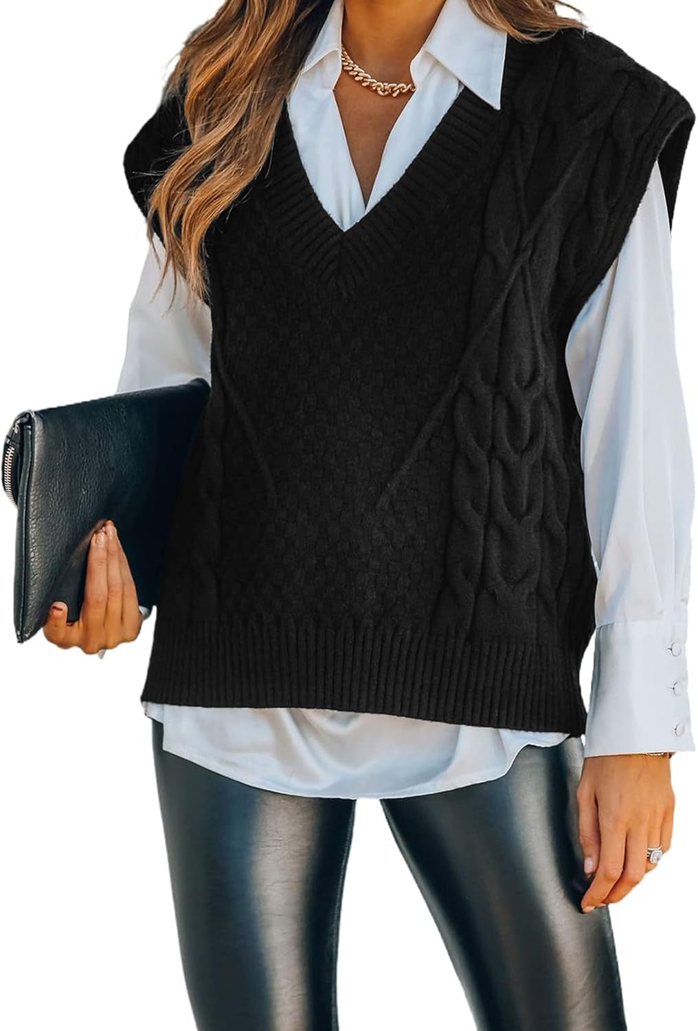 Sleeveless Sweater Vests for Women Casual V Neck Preppy Style Houndstooth Vest Knitted Tank Tops