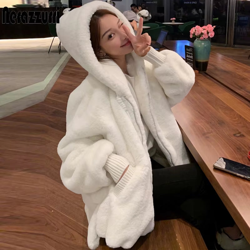 Winter White Oversized Faux Fur Jacket Women with Hood Raglan Sleeve Zipper Korean Fashion Clothing for Womens 2021