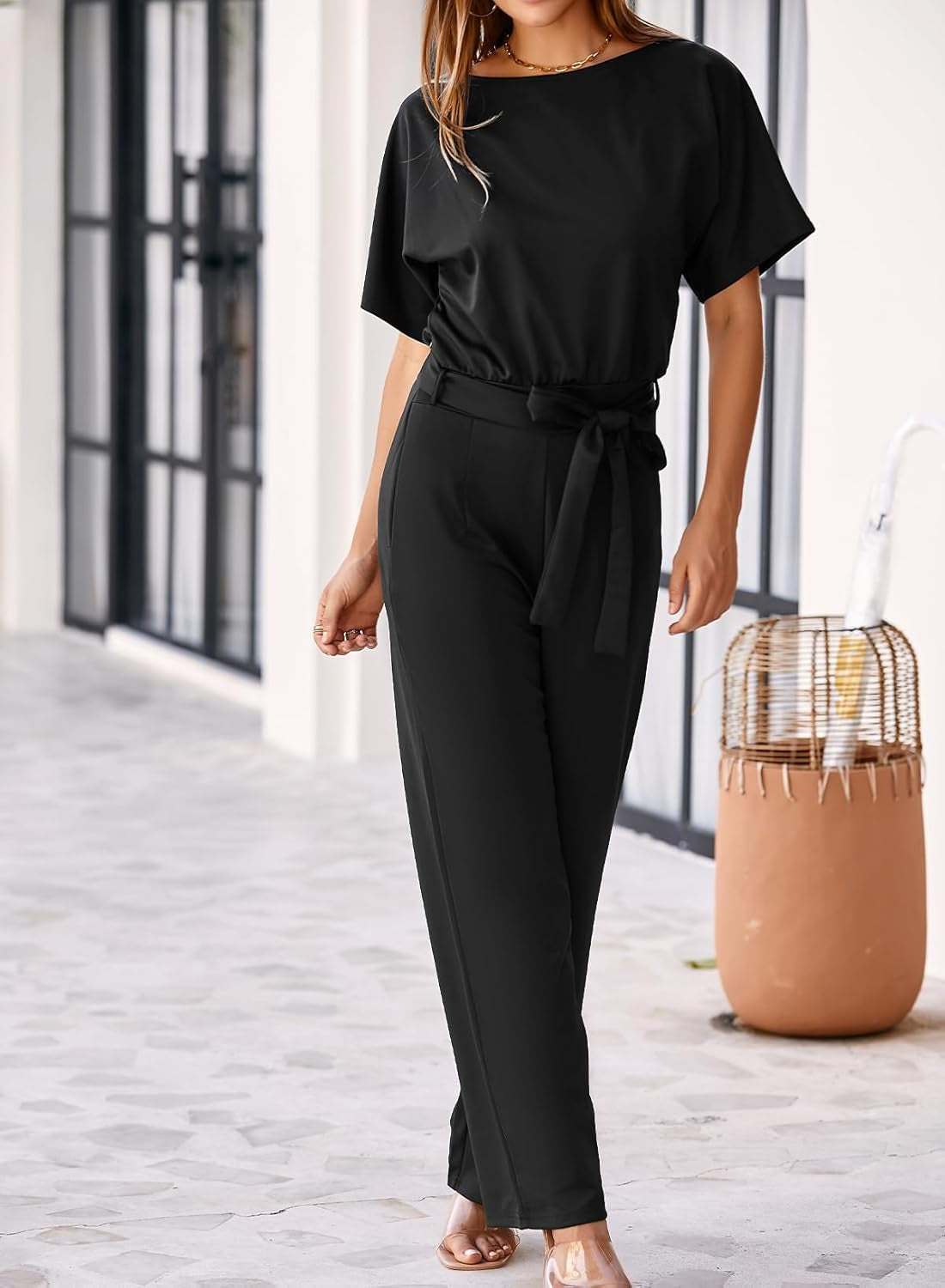 Womens Loose Short Sleeve Belted Wide Leg Pant Romper Jumpsuit Business Casual One Piece Outfits