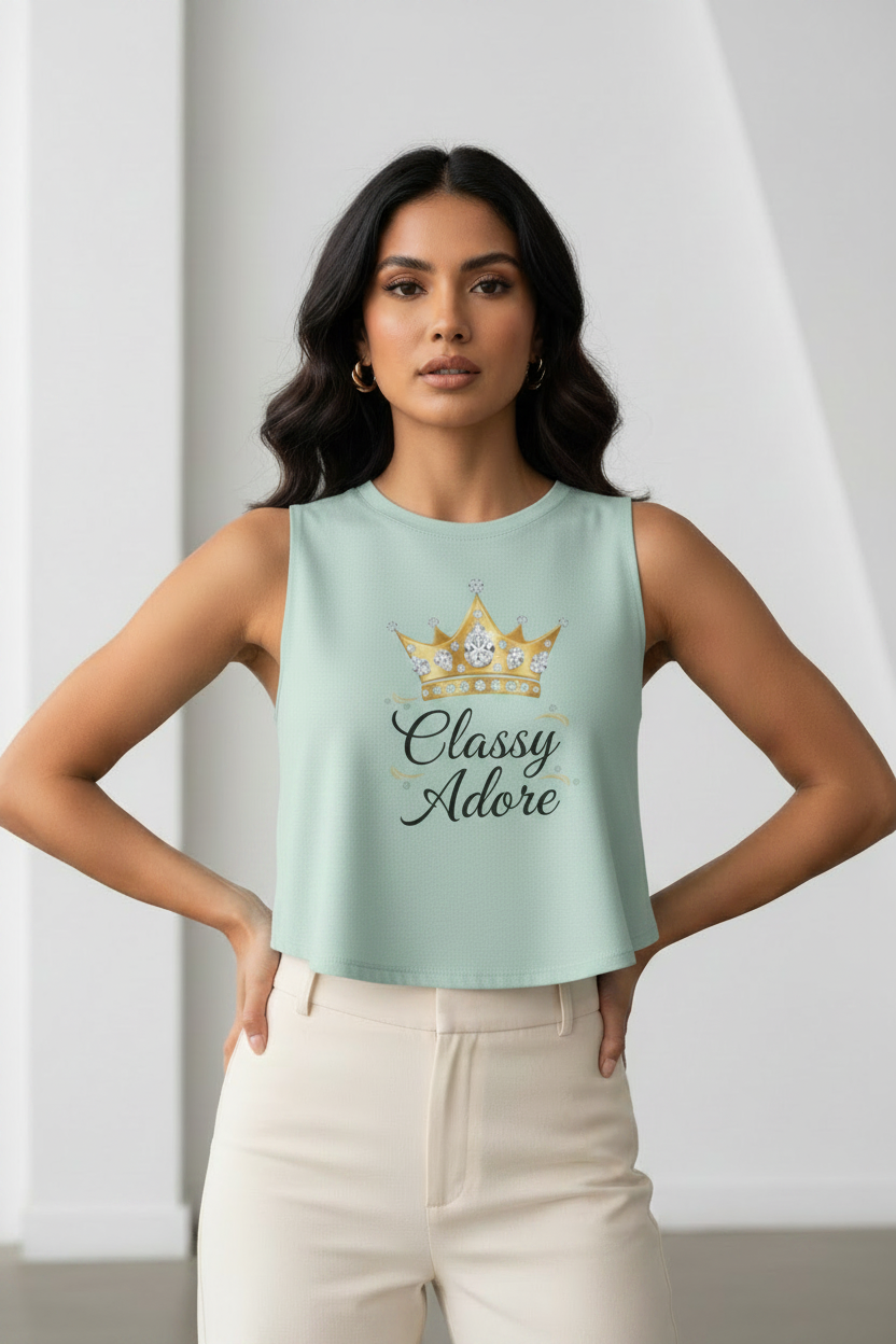 Classy Adore Cut Off Sleeve Crown Graphic Crop Top