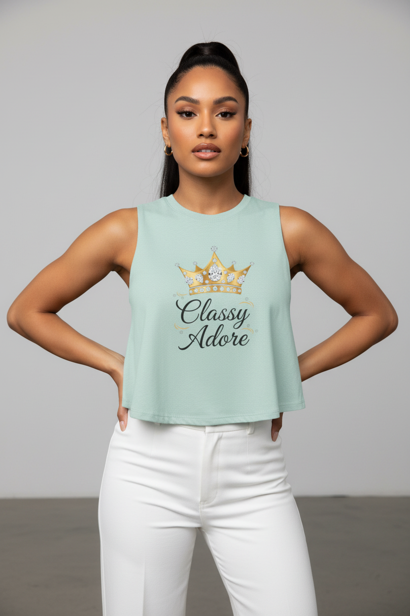 Classy Adore Cut Off Sleeve Crown Graphic Crop Top