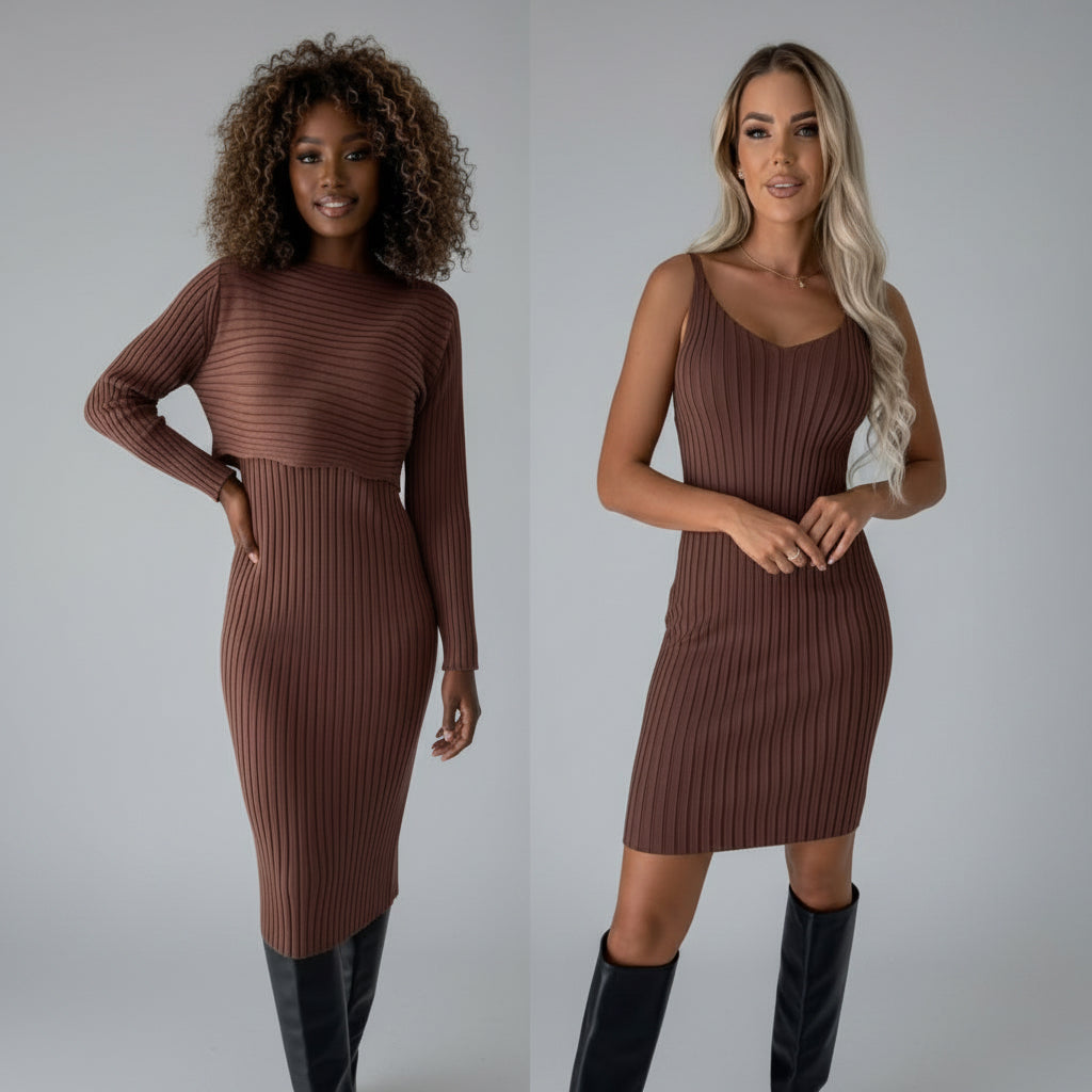 2-Piece Knit Set - Long Sleeve Top & Suspender Skirt Outfit