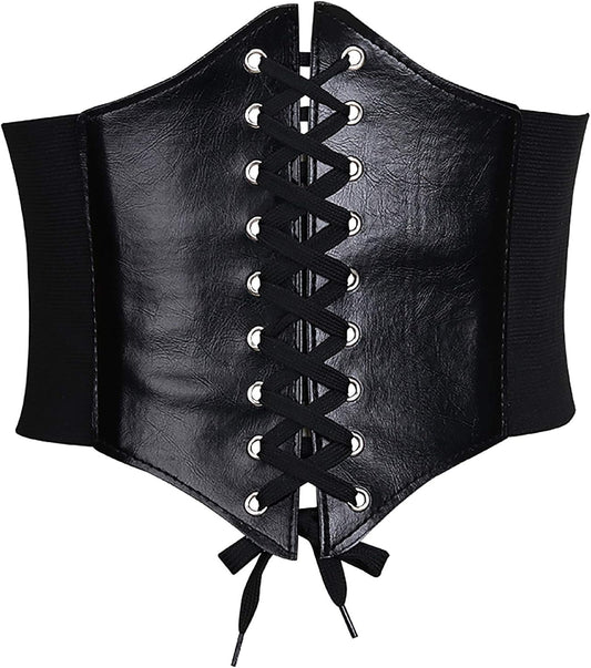 Corset Belt for Women Wide Elastic Tied Waspie Belts Lace-Up Leather Waist Belts for Women Dresses