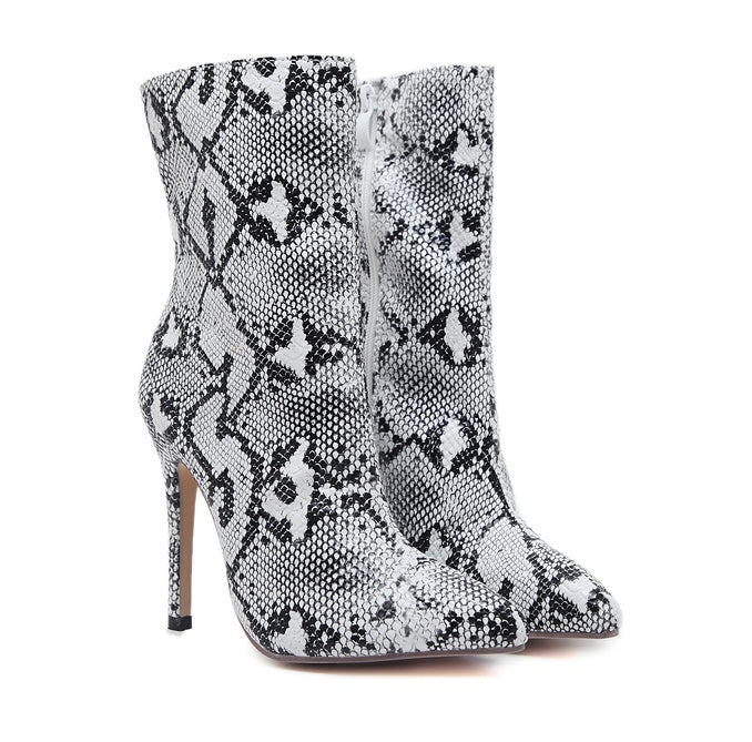 Classy Adore White Snake Print Knight Boots - Stiletto Pointed Toe Boots