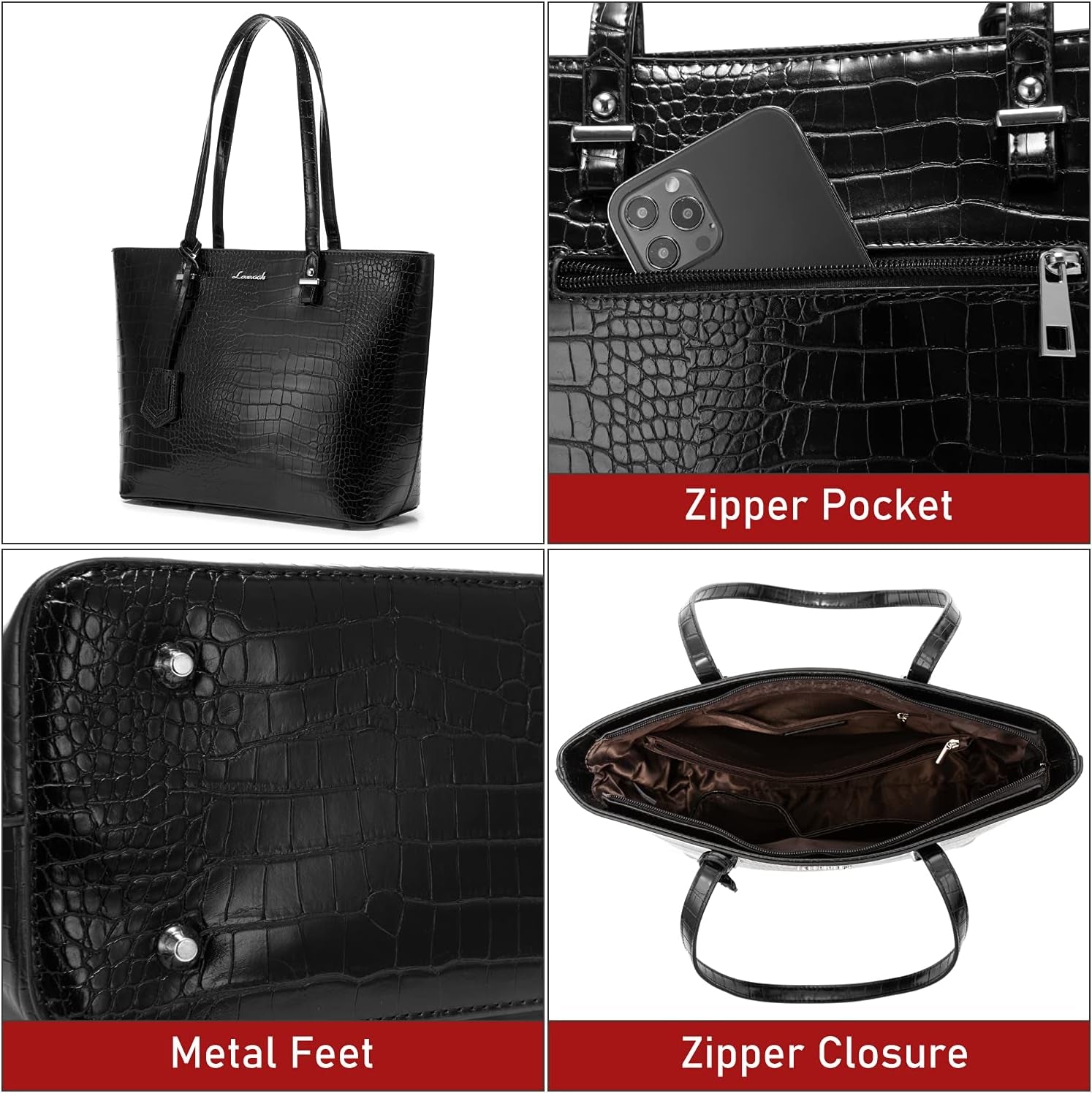 Handbag for Women Tote Handbag Set Crocodile Shoulder Clutch Purse 3Pcs