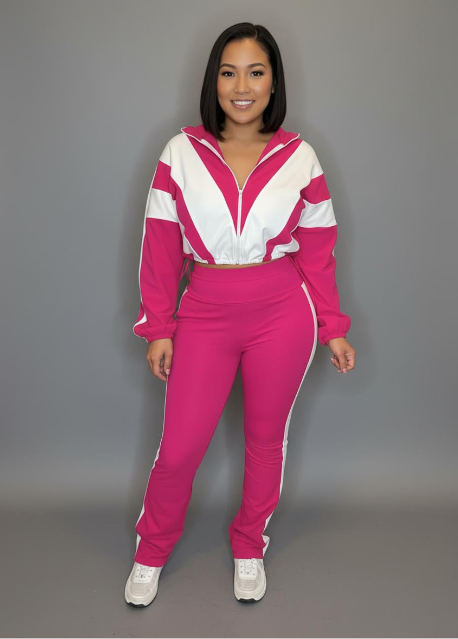 Lady Color Block Lines Two-Piece Set - Jacket & Pants