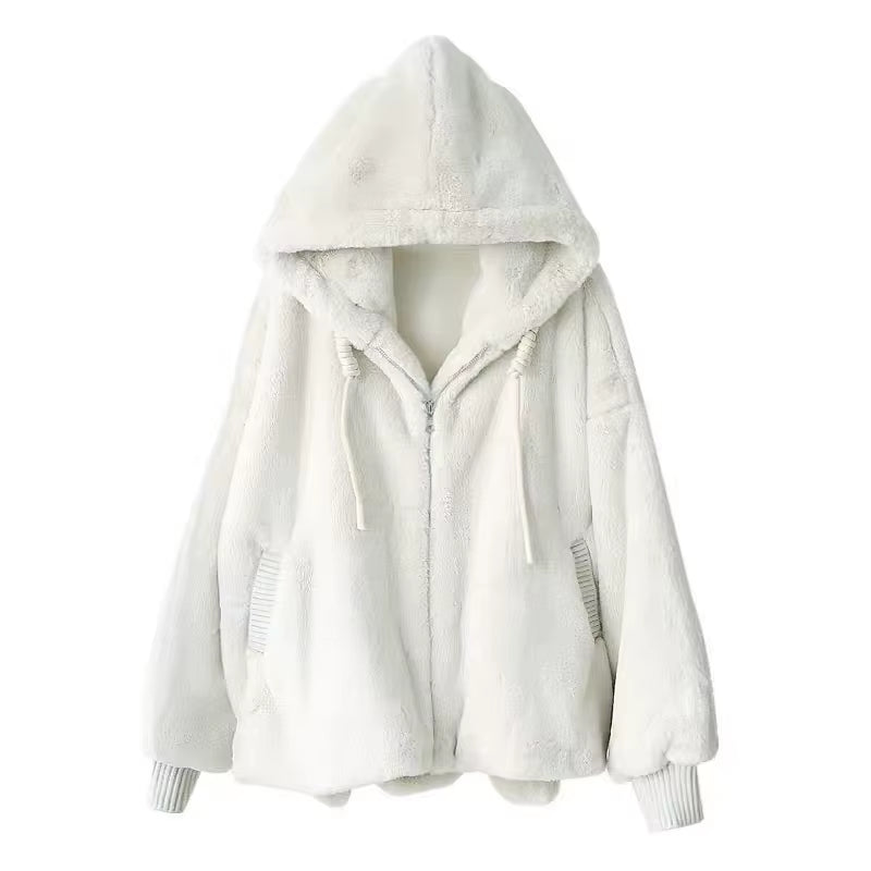 Winter White Oversized Faux Fur Jacket Women with Hood Raglan Sleeve Zipper Korean Fashion Clothing for Womens 2021