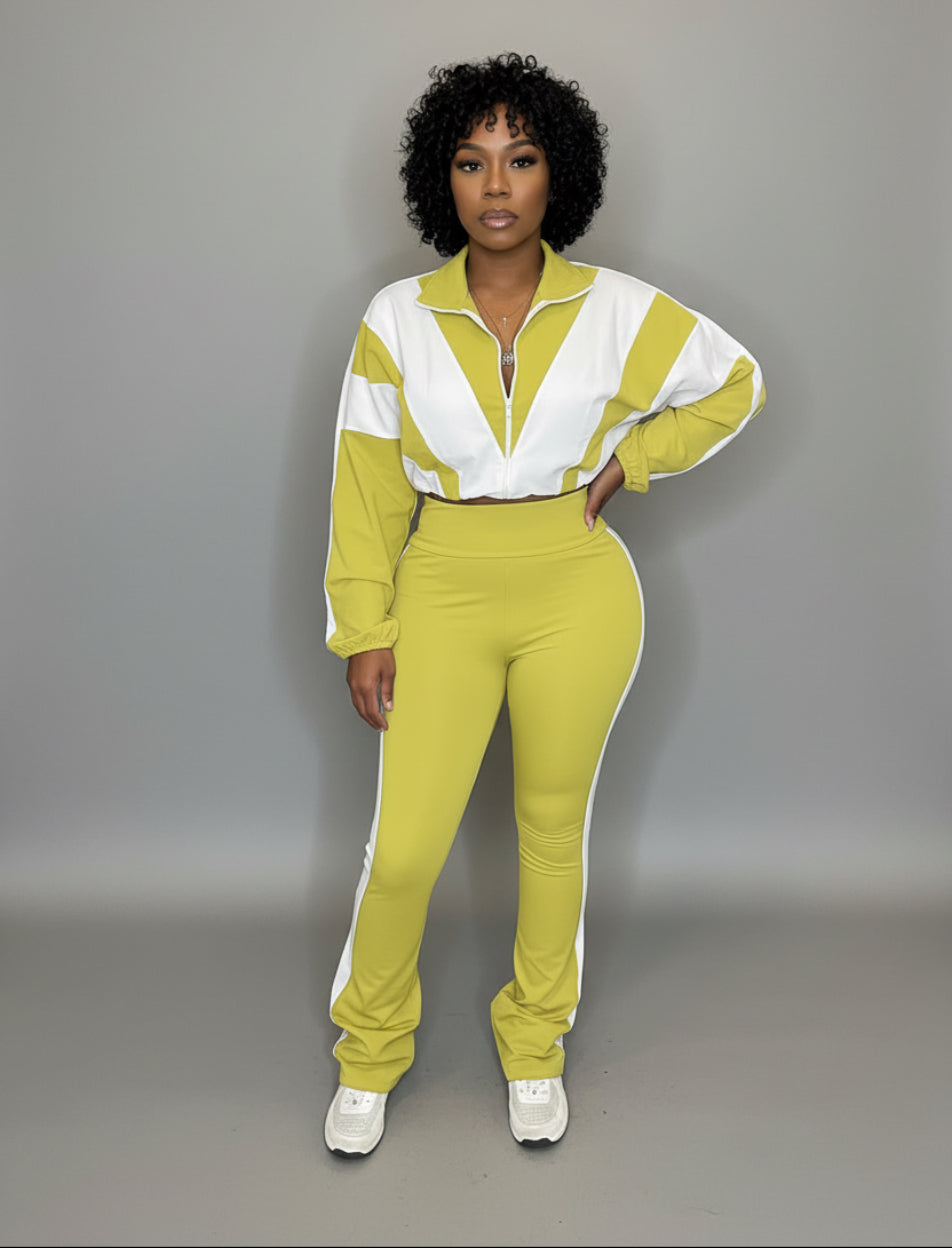 Lady Color Block Lines Two-Piece Set - Jacket & Pants