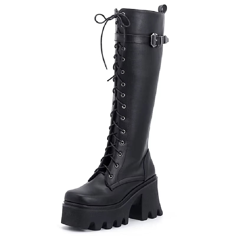 Chunky Knee High Boots Women Platform Goth Punk Heels PU Leather Black Retro Long Winter Shoes Female Lace up Rain Boot