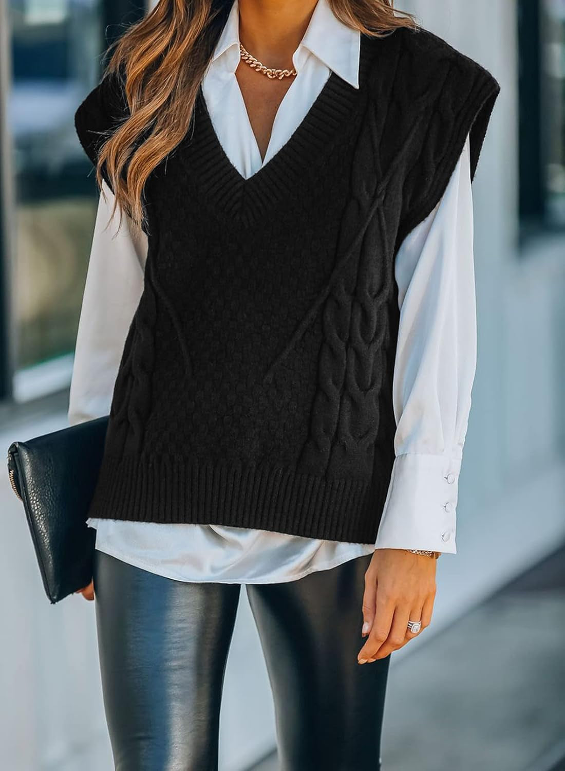 Sleeveless Sweater Vests for Women Casual V Neck Preppy Style Houndstooth Vest Knitted Tank Tops
