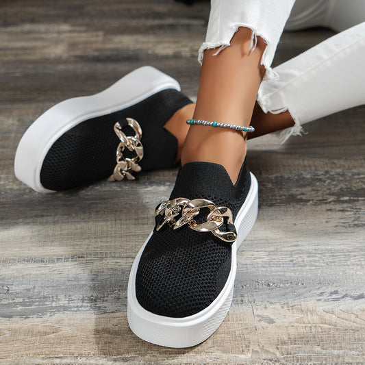 Classy Adore Chain Platform Slip-On Sneakers - Breathable Mesh Sneakers