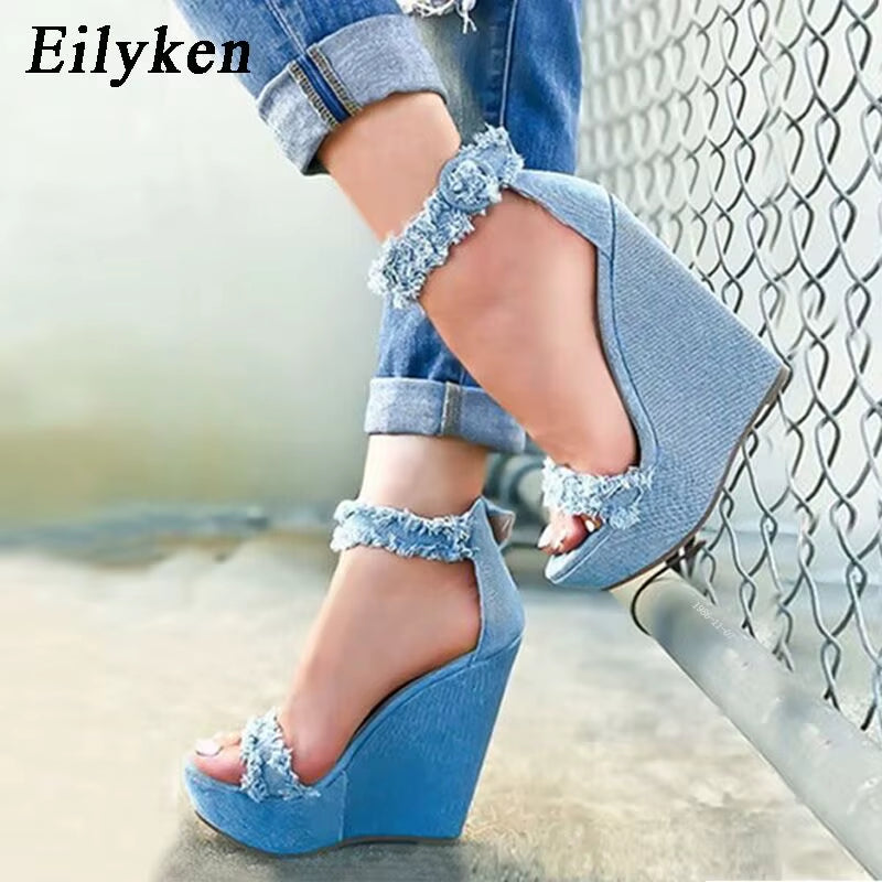Eilyken Designer Denim Sandals Summer Woman High Quality Wedges High Heels Peep Toe Platform Roman Shoes