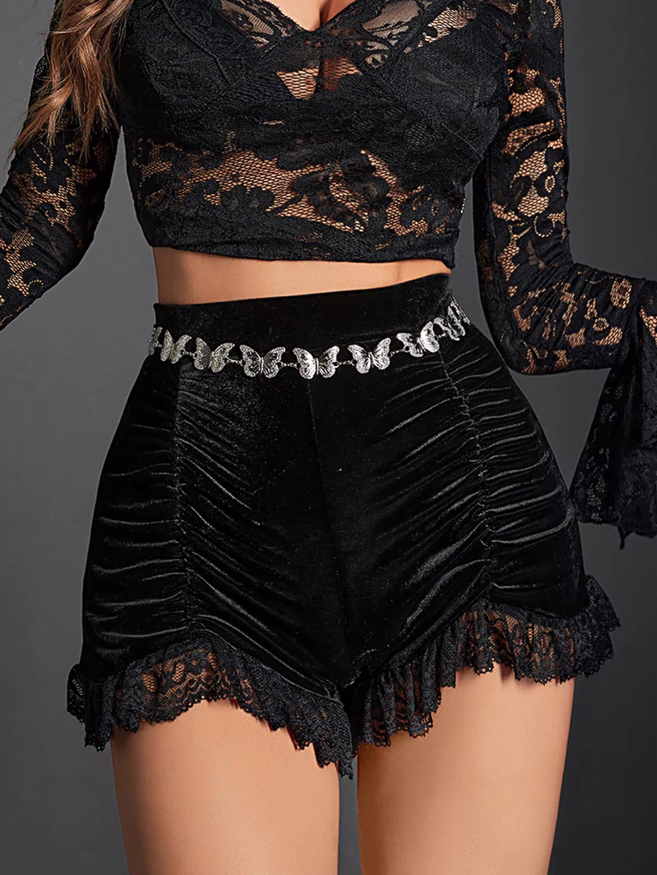 Mall Gothic Velvet Ruched Sexy Shorts Skirts E-Girl Grunge High Waist Skinny Bottoms Women Lace Hem Autumn Alt Clothes