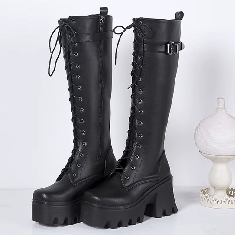 Chunky Knee High Boots Women Platform Goth Punk Heels PU Leather Black Retro Long Winter Shoes Female Lace up Rain Boot