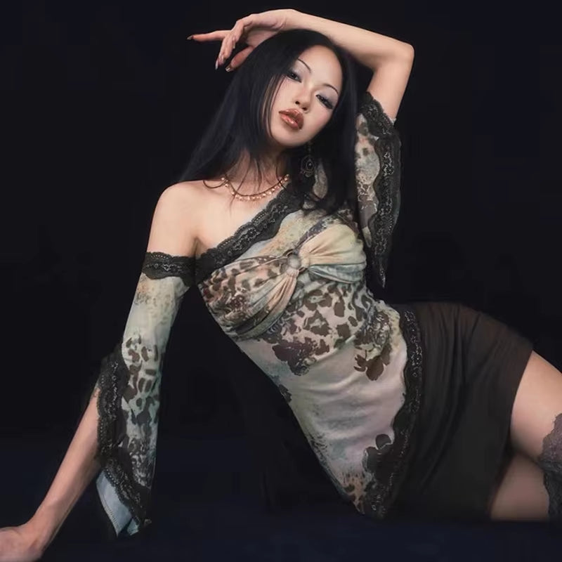 Goth Sexy Lace Mesh See through T-Shirts Aesthetic Graphic Long Sleeve Colorful Printed Crop Tops Women Summer Tees Streetwear