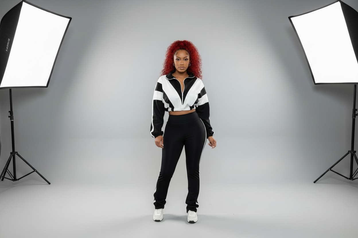 Lady Color Block Lines Two-Piece Set - Jacket & Pants