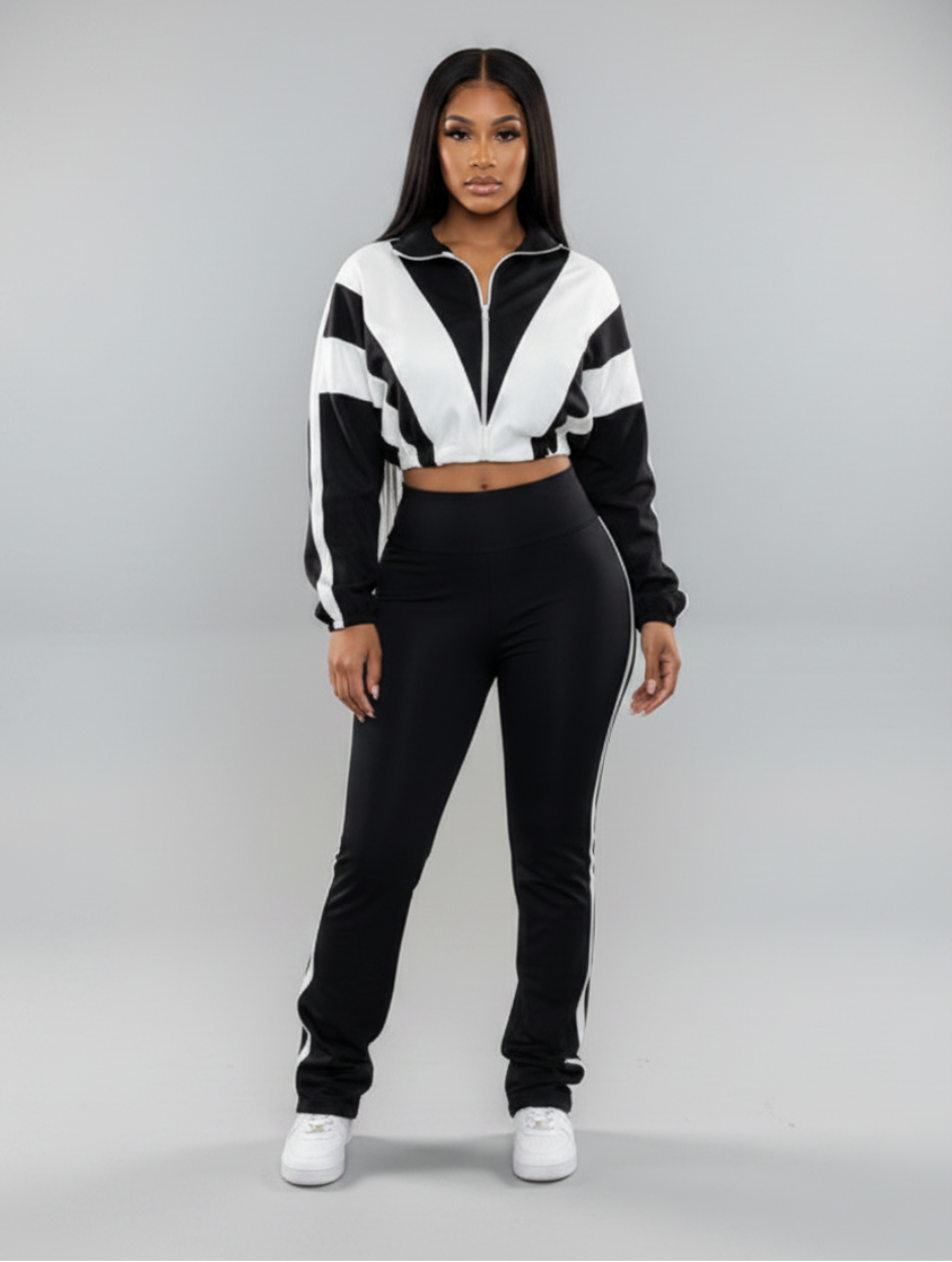 Lady Color Block Lines Two-Piece Set - Jacket & Pants