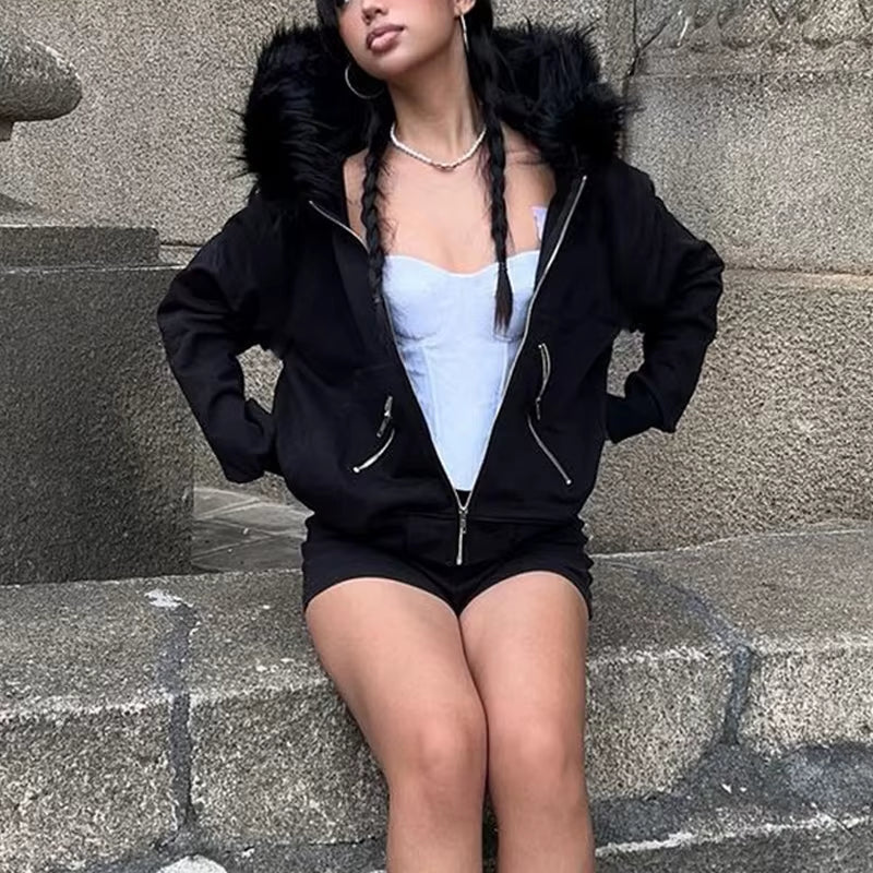 Faux Fur Collar Hooded Zip up Hoodies Gothic Grunge Pockets Autumn Black Jackets Female Y2K Streetwear Egirl Cardigans