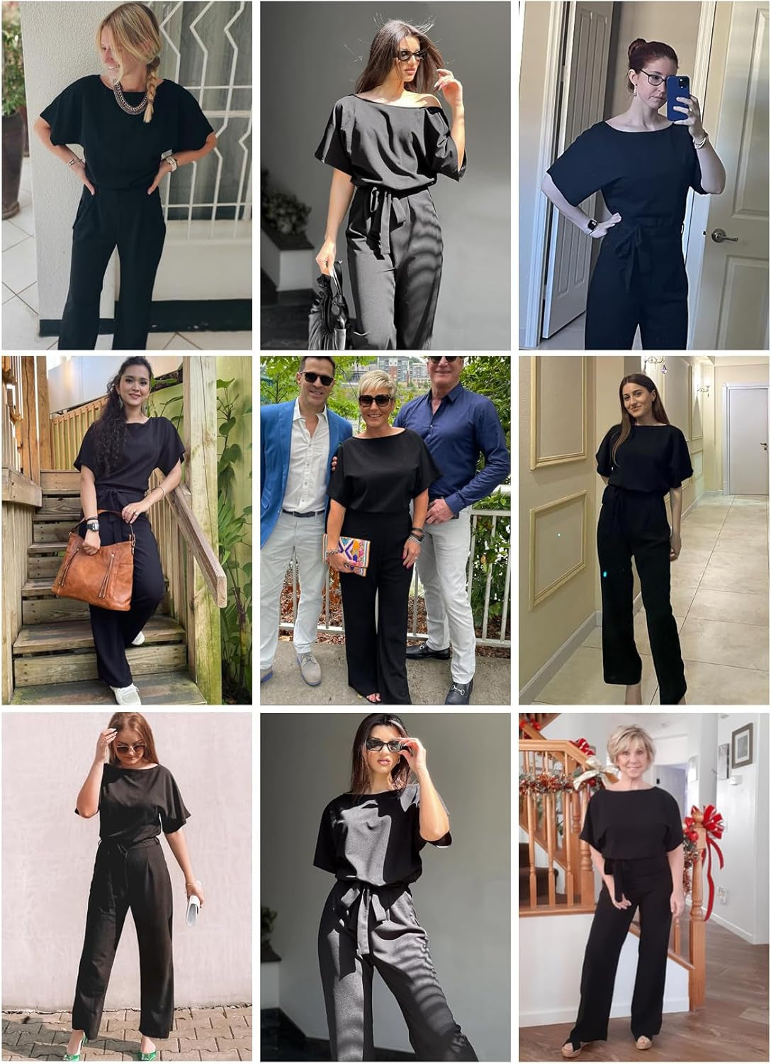 Womens Loose Short Sleeve Belted Wide Leg Pant Romper Jumpsuit Business Casual One Piece Outfits