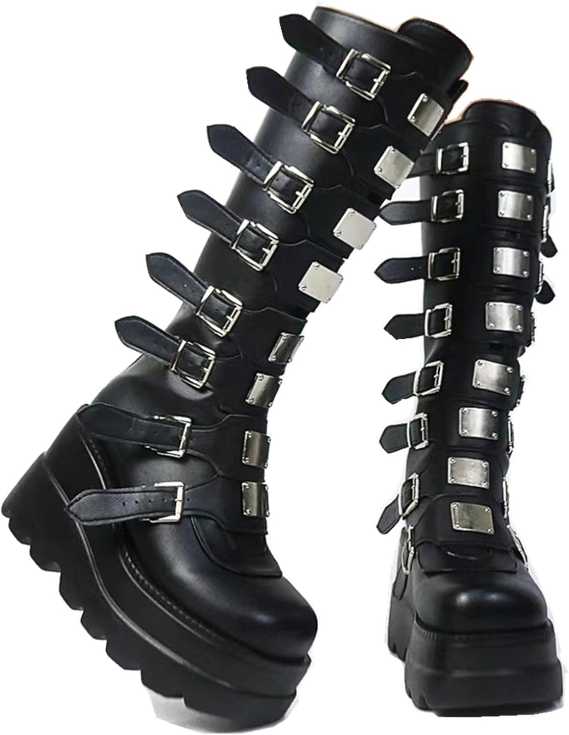 Womens Wedge Platform Knee High Boots High Heel Round-Toe Zip Punk Goth Mid Calf Combat Boots for Women