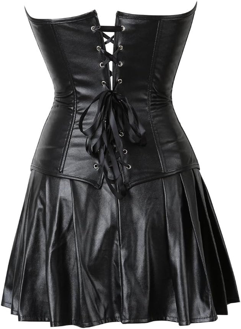Leather Corset Tops for Women: Punk Rock Steampunk Corset with Skirt Sexy Halloween Costume Woman for Party-Goers