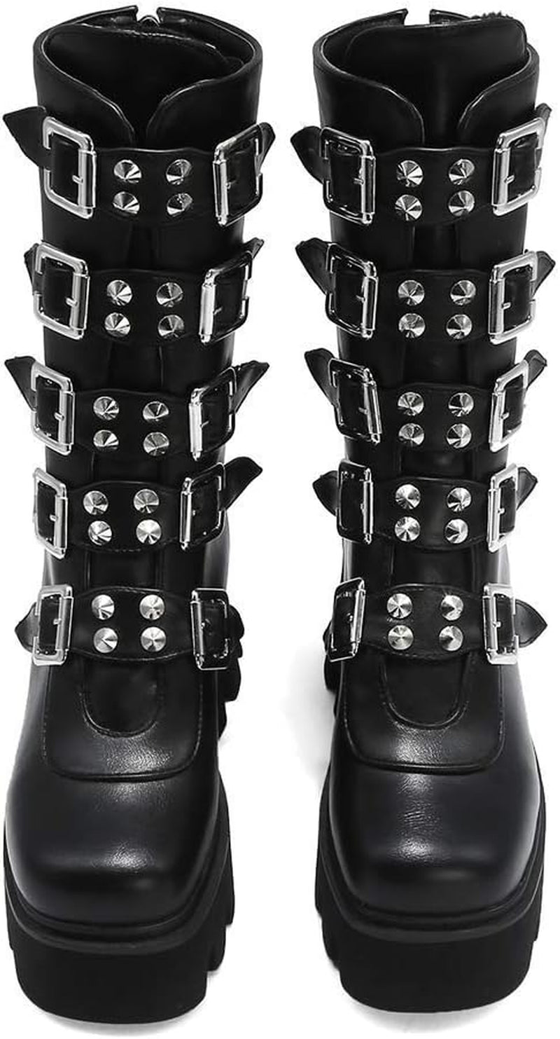 Black Platform Goth Boots for Women Studded Wide Mid Calf Combat Punk Boots round Toe Buckle Chunky Heel Back Zipper Thick Sole Ankle Booties