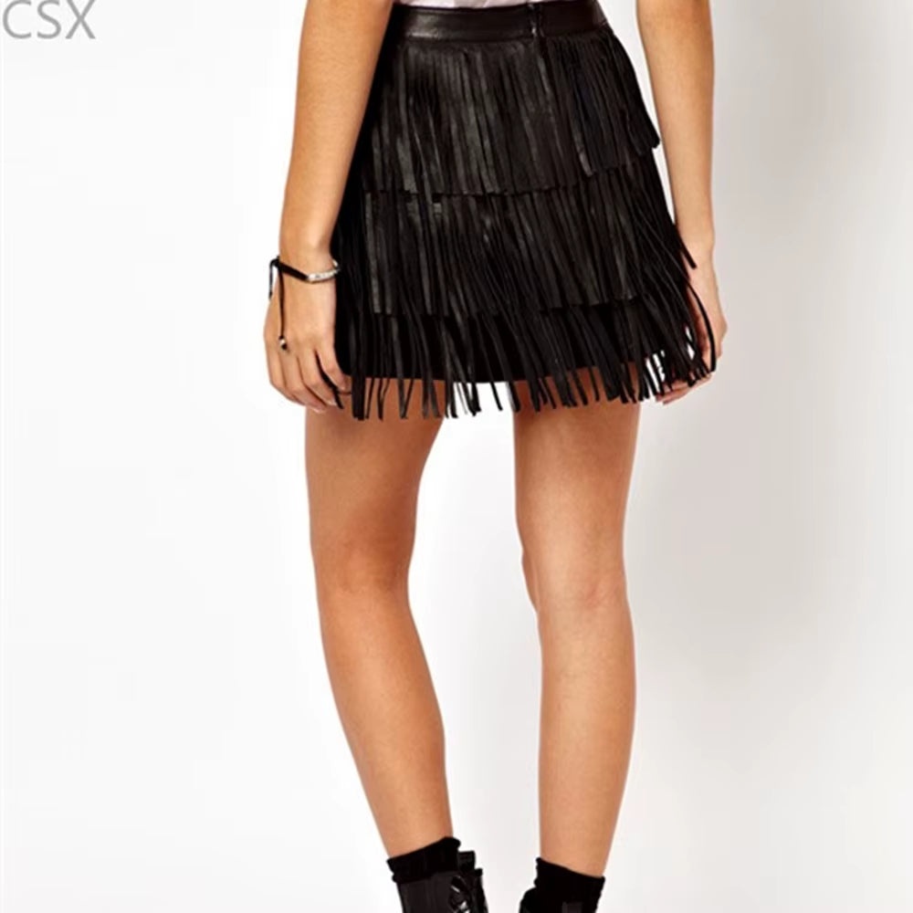 Summer Fashion Women Short Skirts Female High Waist Faux Leather Soft PU Skirt with Tassels Multi Size