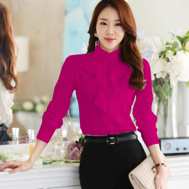 Fashion Ruffles Design Blouse Shirt Female Long Sleeve Stand Collar White Black Office Lady Work Formal Women Tops Autumn 2021