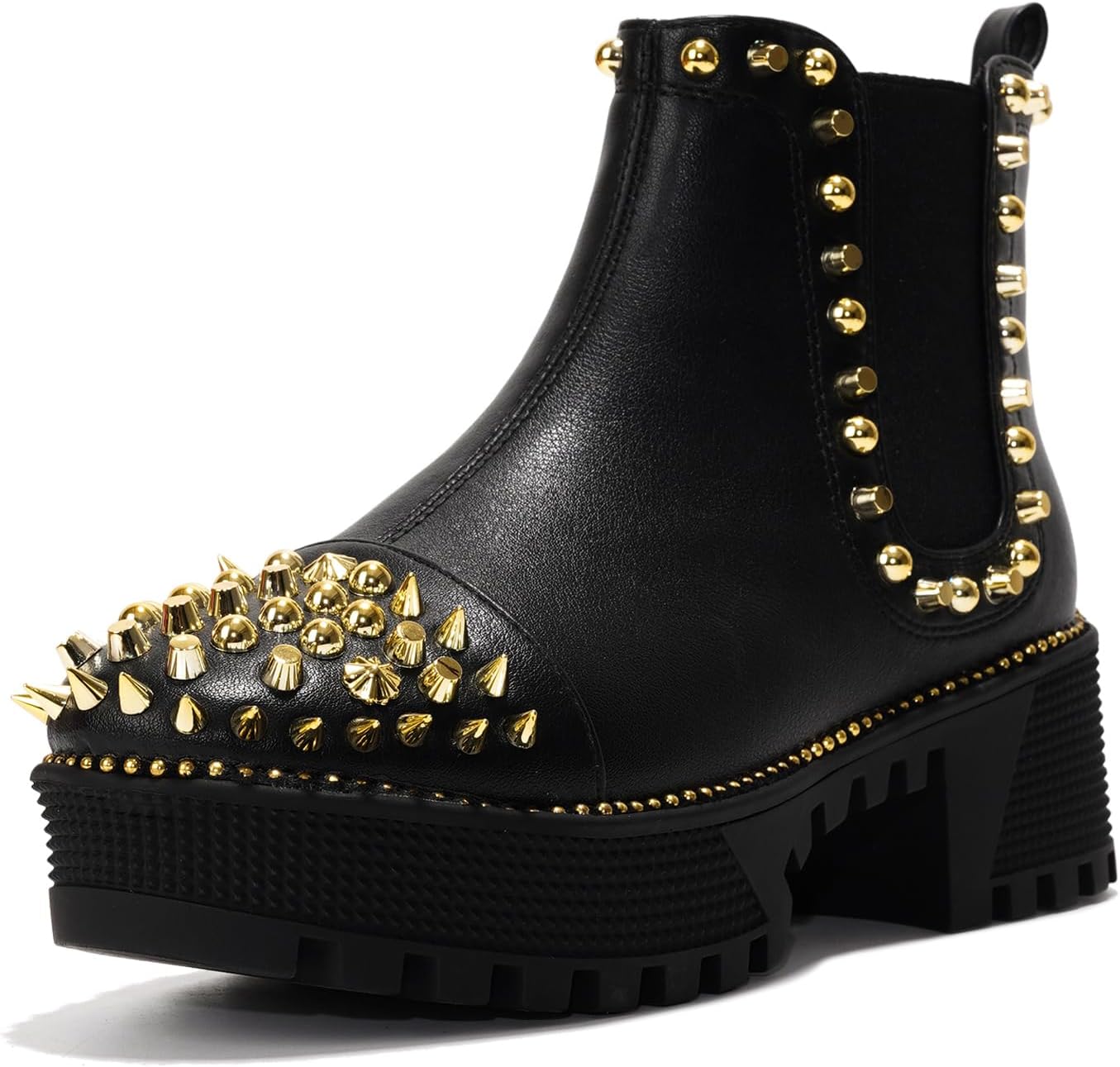 Women'S Platform Combat Boots Pull-On Ankle Booties Studded Goth Punk with Spiky Design & Chunky Heel - Size