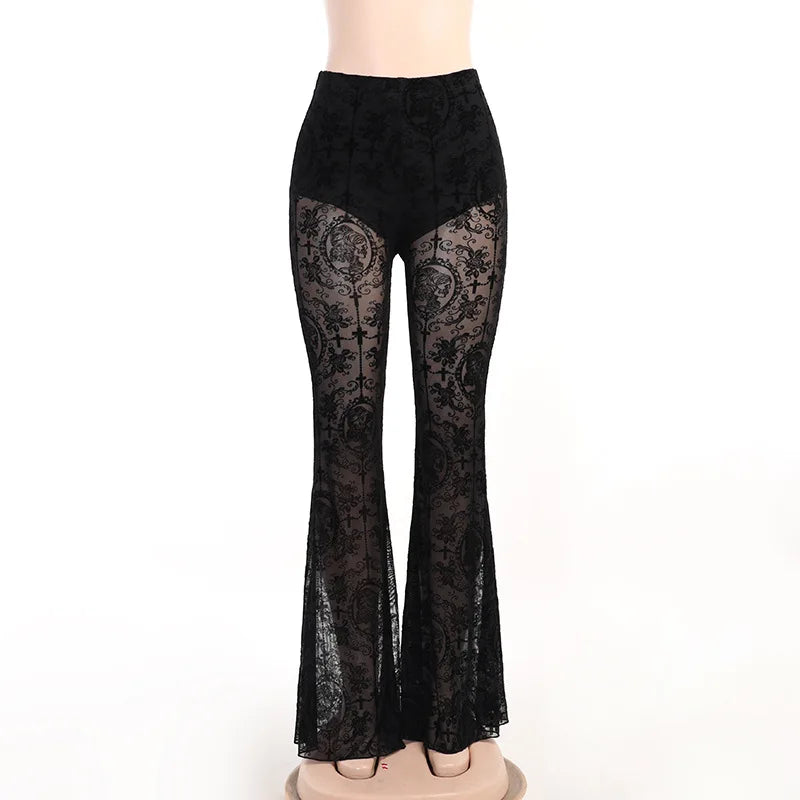 Vintage Flocking Mall Gothic Sexy Flare Pants Grunge See through Mesh High Waist Women Trousers Punk Slim Alt Clothing